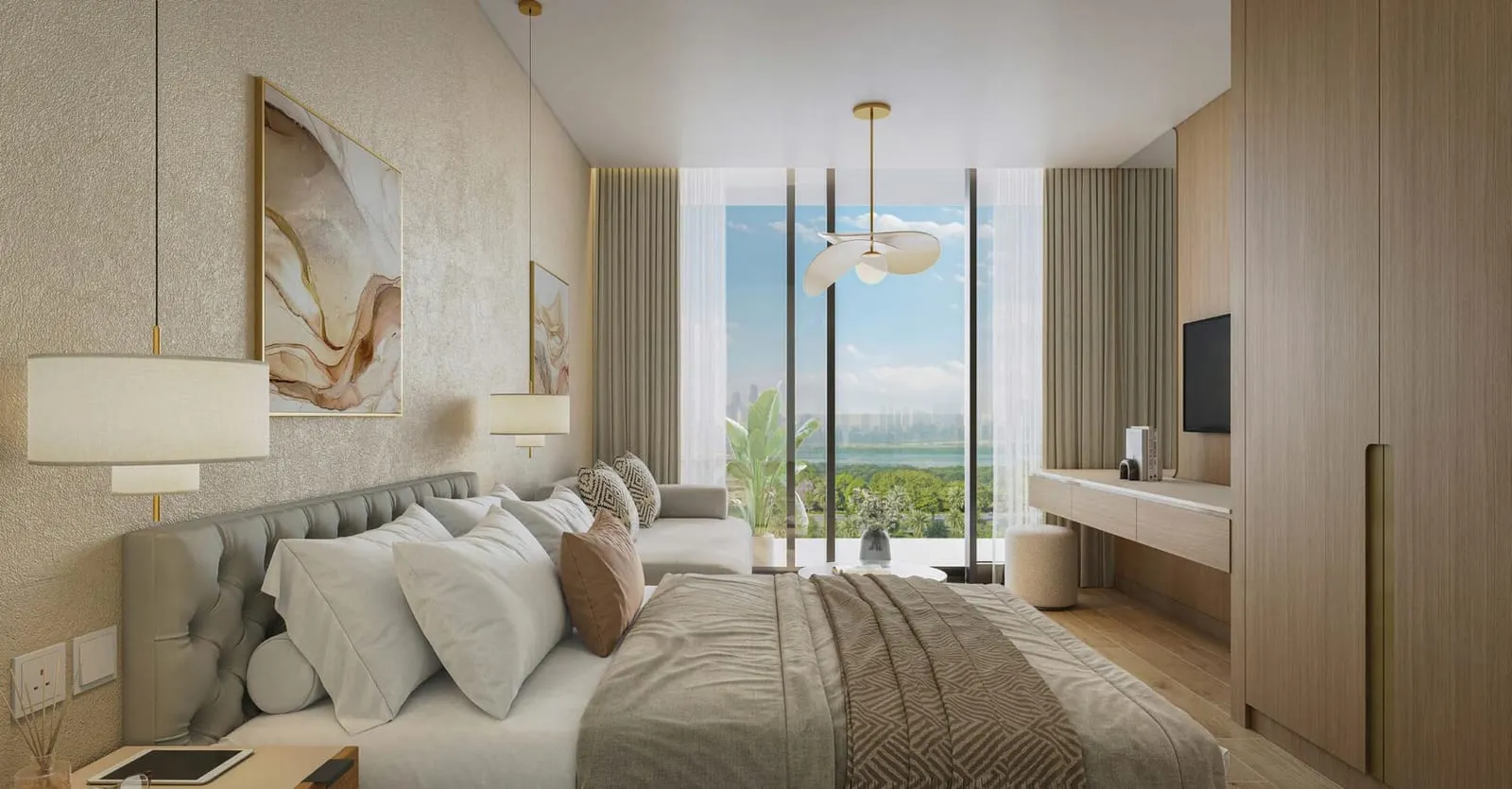 A bedroom with a wide upholstered headboard, twin bedside lamps and floor-to-ceiling glazing over open landscape