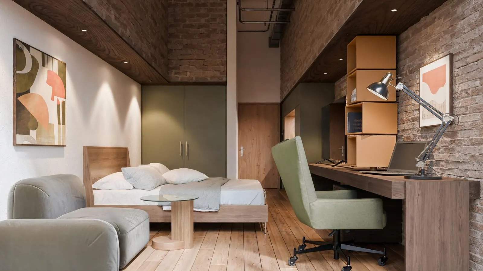 A bedroom with a built-in home office nook finished in warm wood and sage tones.