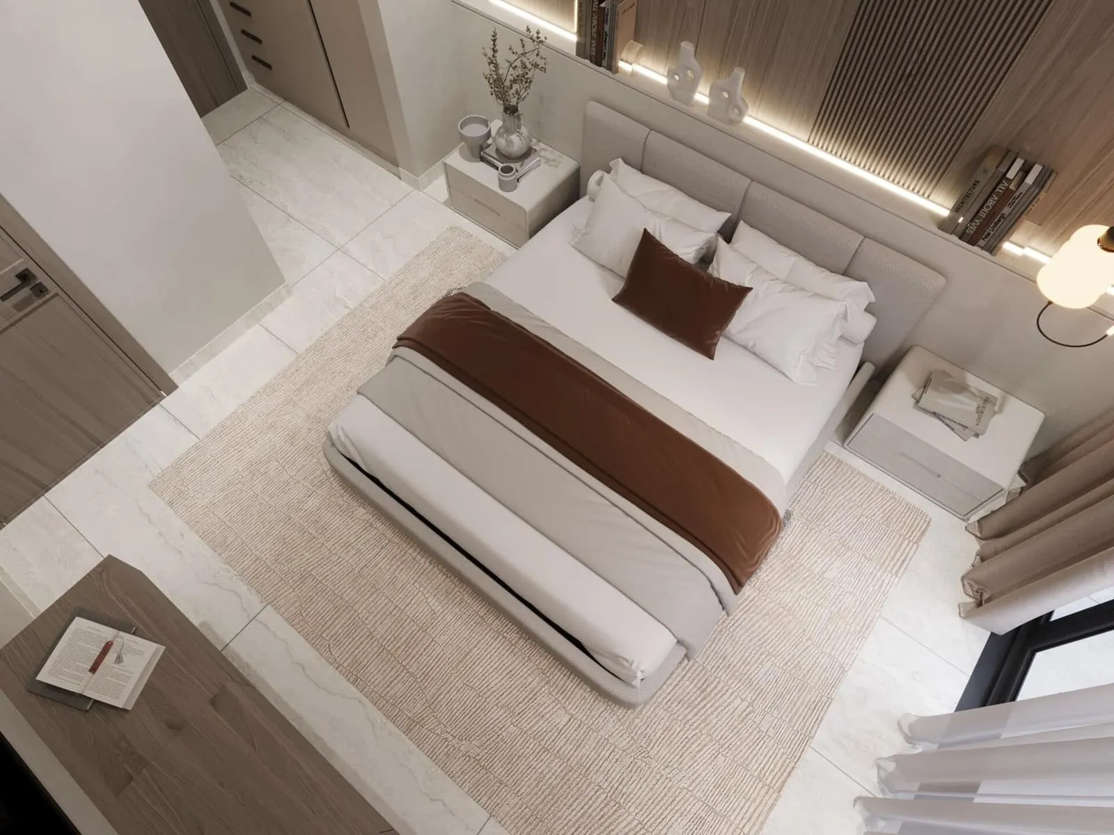 Overhead view of a bedroom layout showing the bed placement and finishes