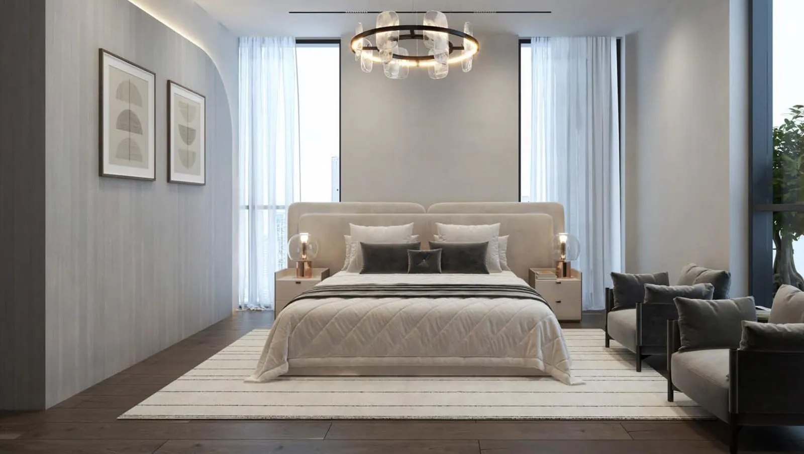 Bedroom finished in a light, airy palette with soft ambient lighting