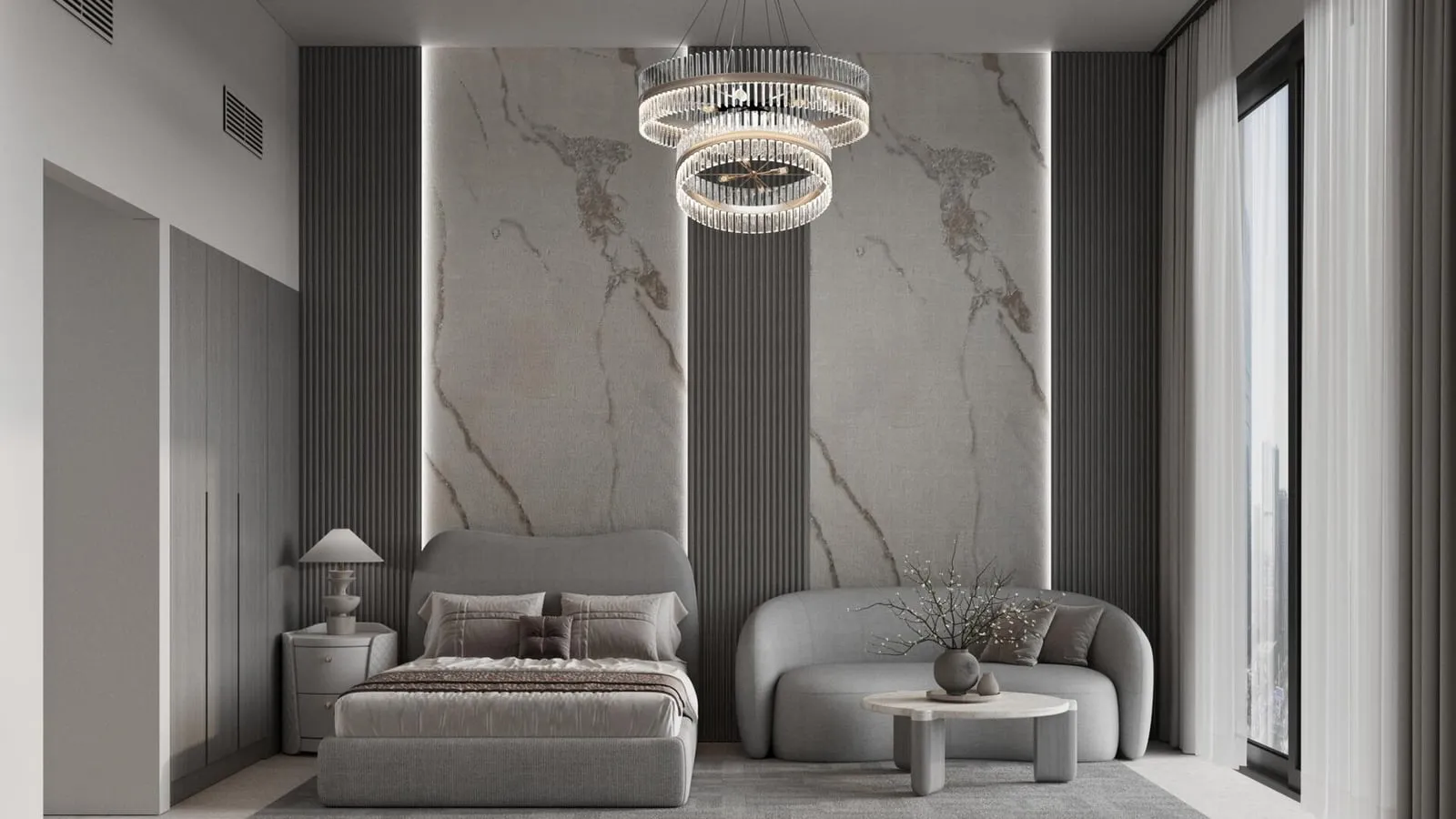 A bedroom against a veined marble wall, a curved bench at the foot of the bed and a ribbed black panel alongside