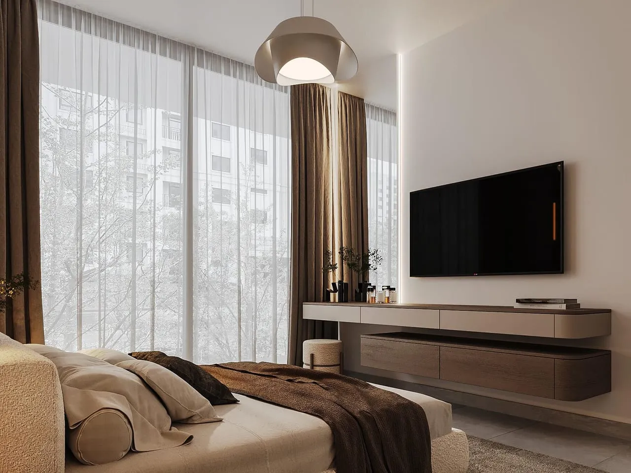 A bedroom facing a timber media wall with a screen set flush into the panelling