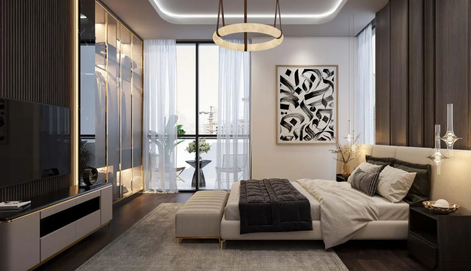 Bedroom furnished with a television media wall facing the bed