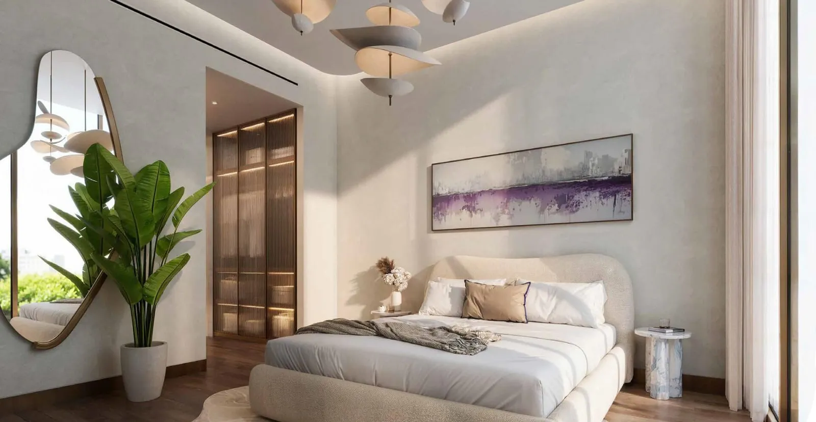 A bedroom with a full length mirror beside a tall plant and a soft purple print above the bed