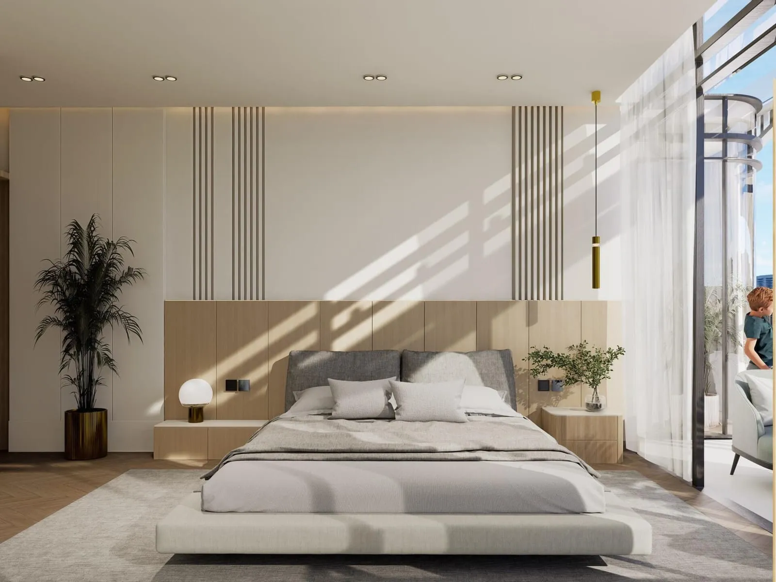 A bedroom with a wood-paneled headboard wall, crisp white linens, and pendant lighting beside a sheer-curtained window