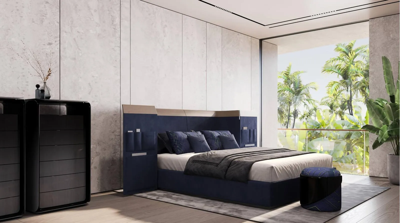 A Bentley Home bedroom with a navy headboard and a dark lacquered chest