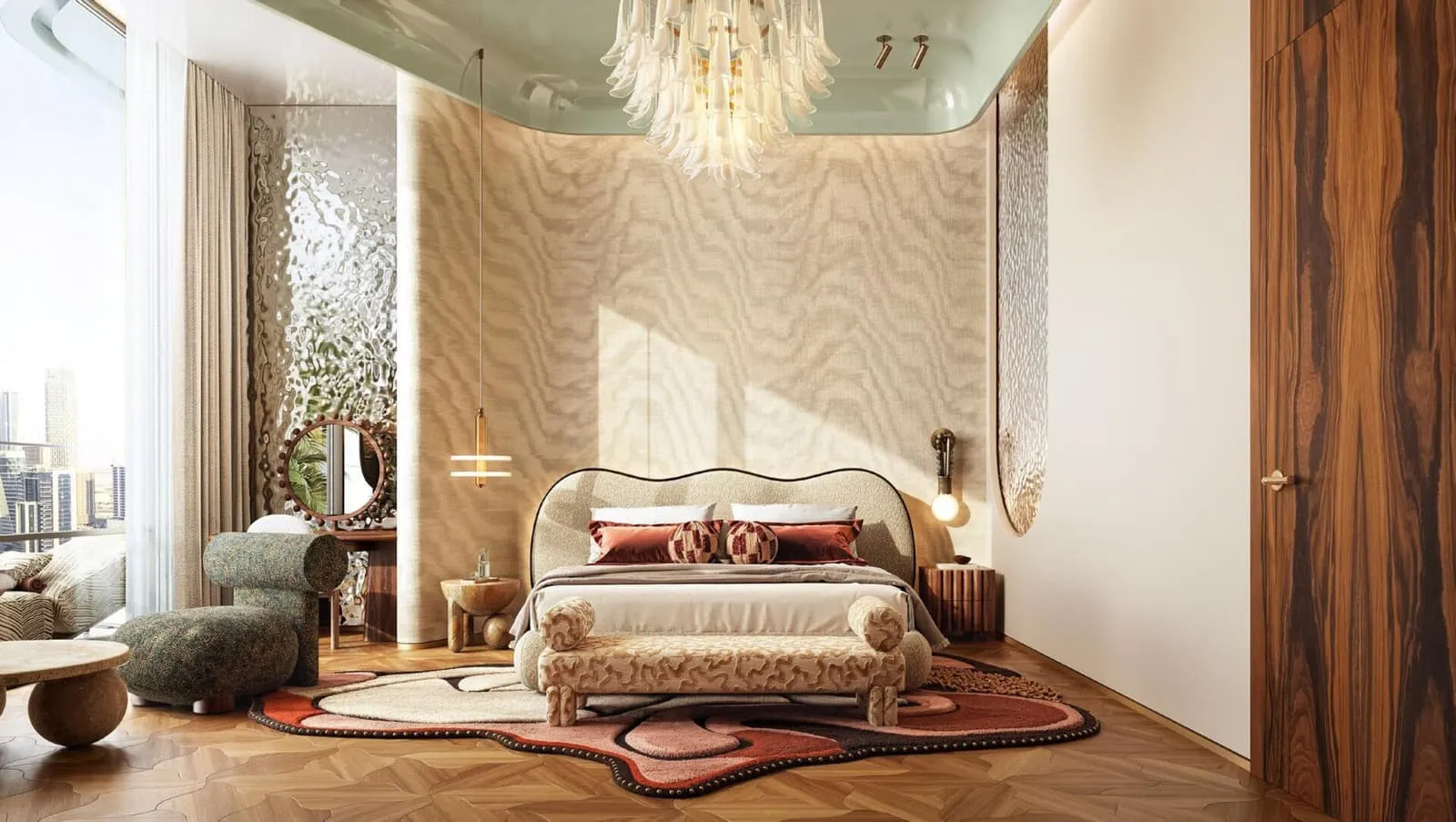 A bedroom with rippled wall panelling behind the bed, a patterned rug underfoot and a low chair at the foot