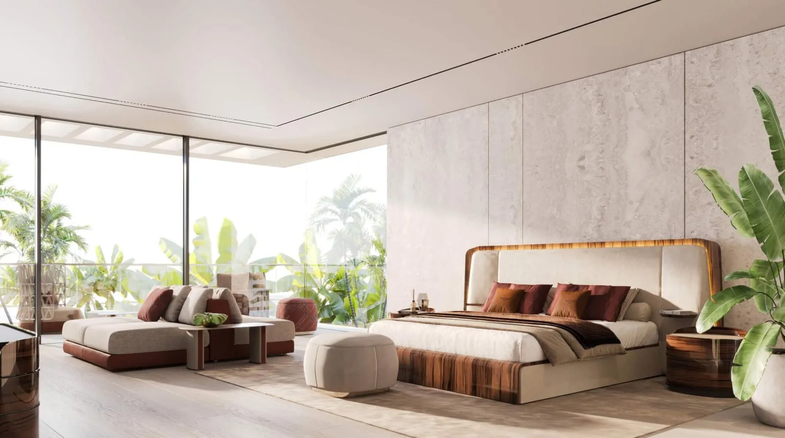 A Bentley Home bedroom in rust tones with a seat at the foot of the bed