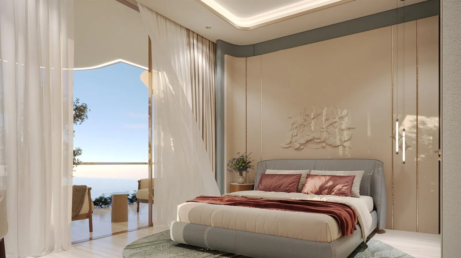 Bedroom with an arched window framing an open sea view.