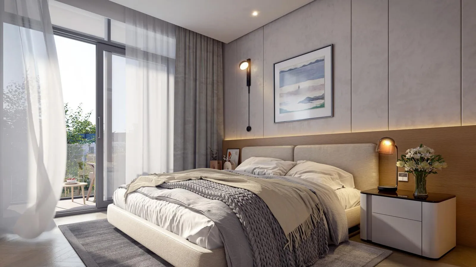 A Taormina Village bedroom with sheer curtains drawn across the window