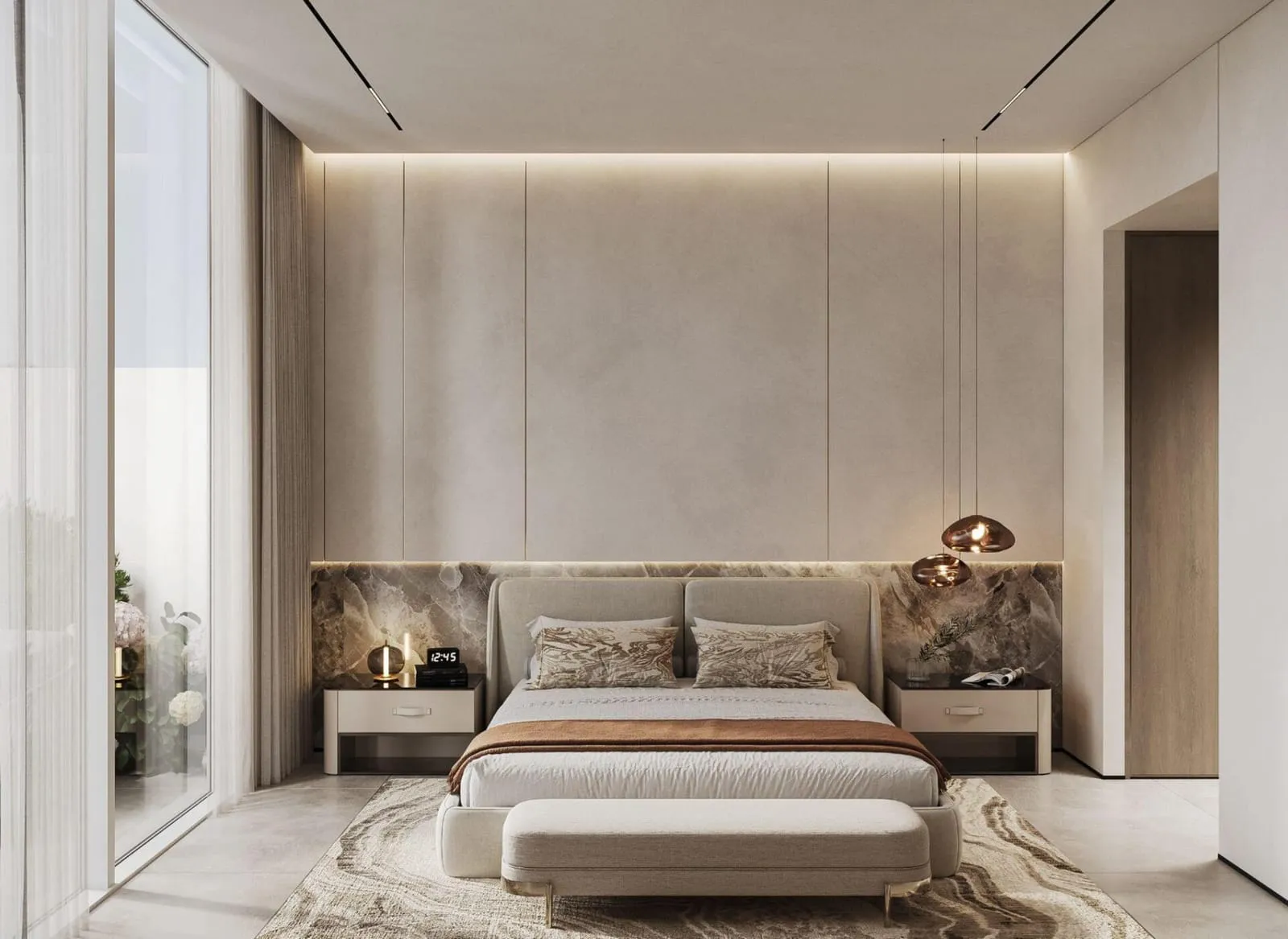 A bedroom with a marble accent wall behind the bed and a bench at its foot