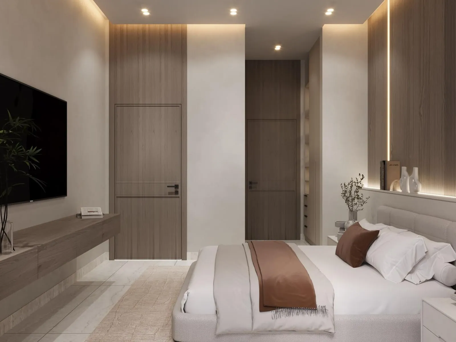 Bedroom suite with a wall-mounted television and warm wood-toned finishes