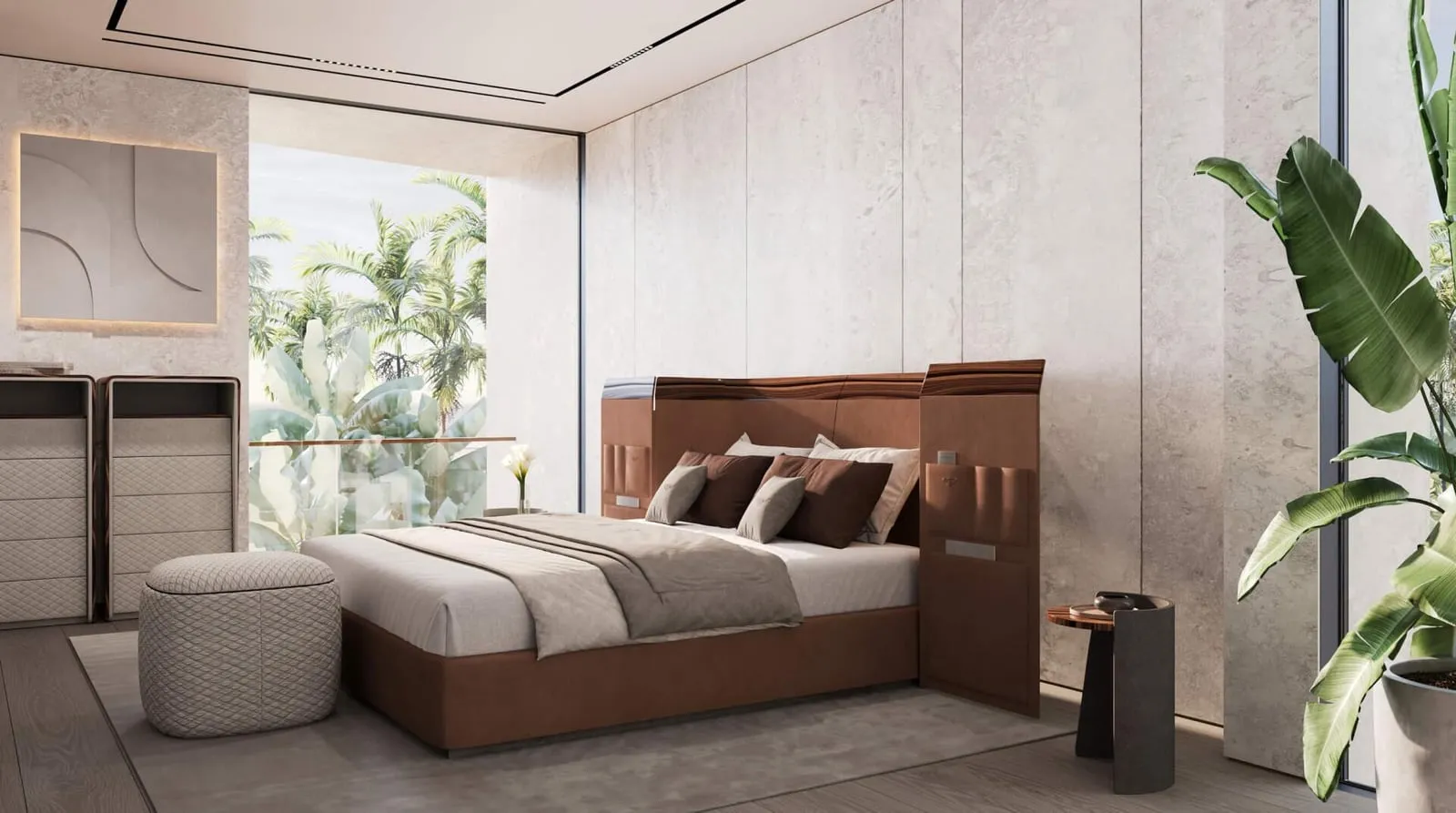 A Bentley Home bedroom with a tan leather headboard and palms outside the glass