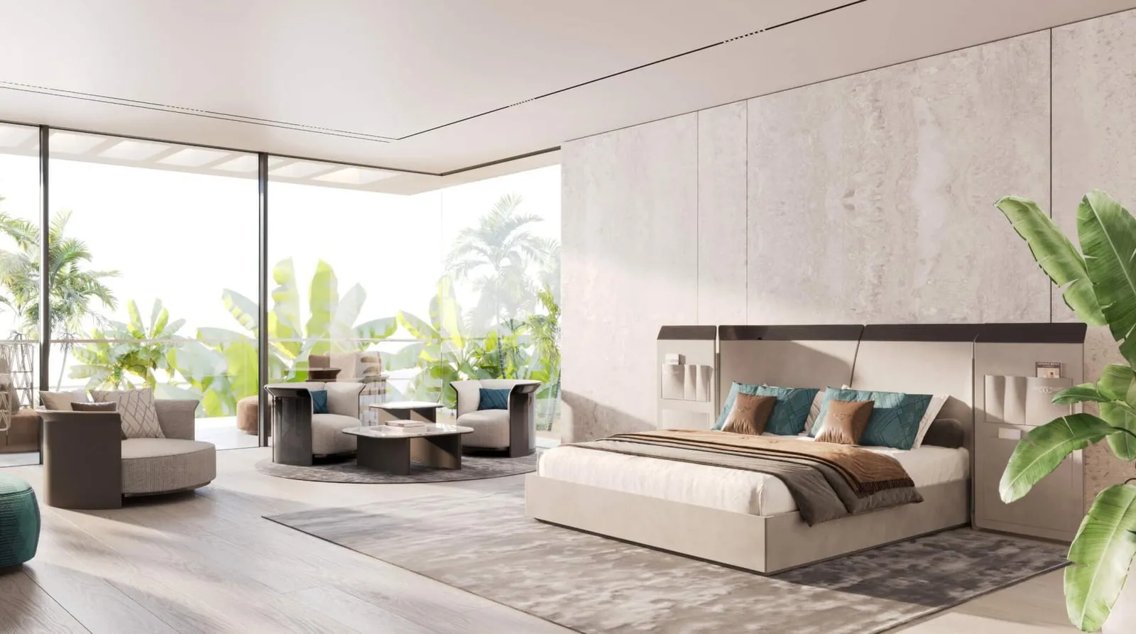 A Bentley Home bedroom opening onto the terrace, teal cushions against a timber ceiling