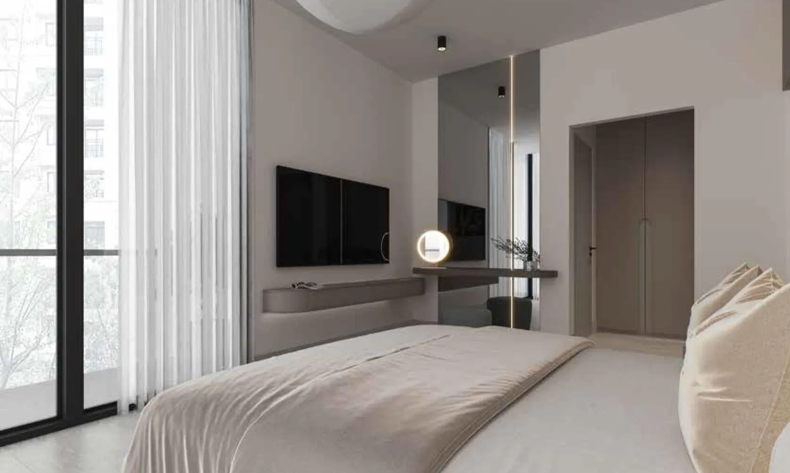 A bedroom with the bed in the foreground and a wall-mounted television opposite, daylight entering from the glazing