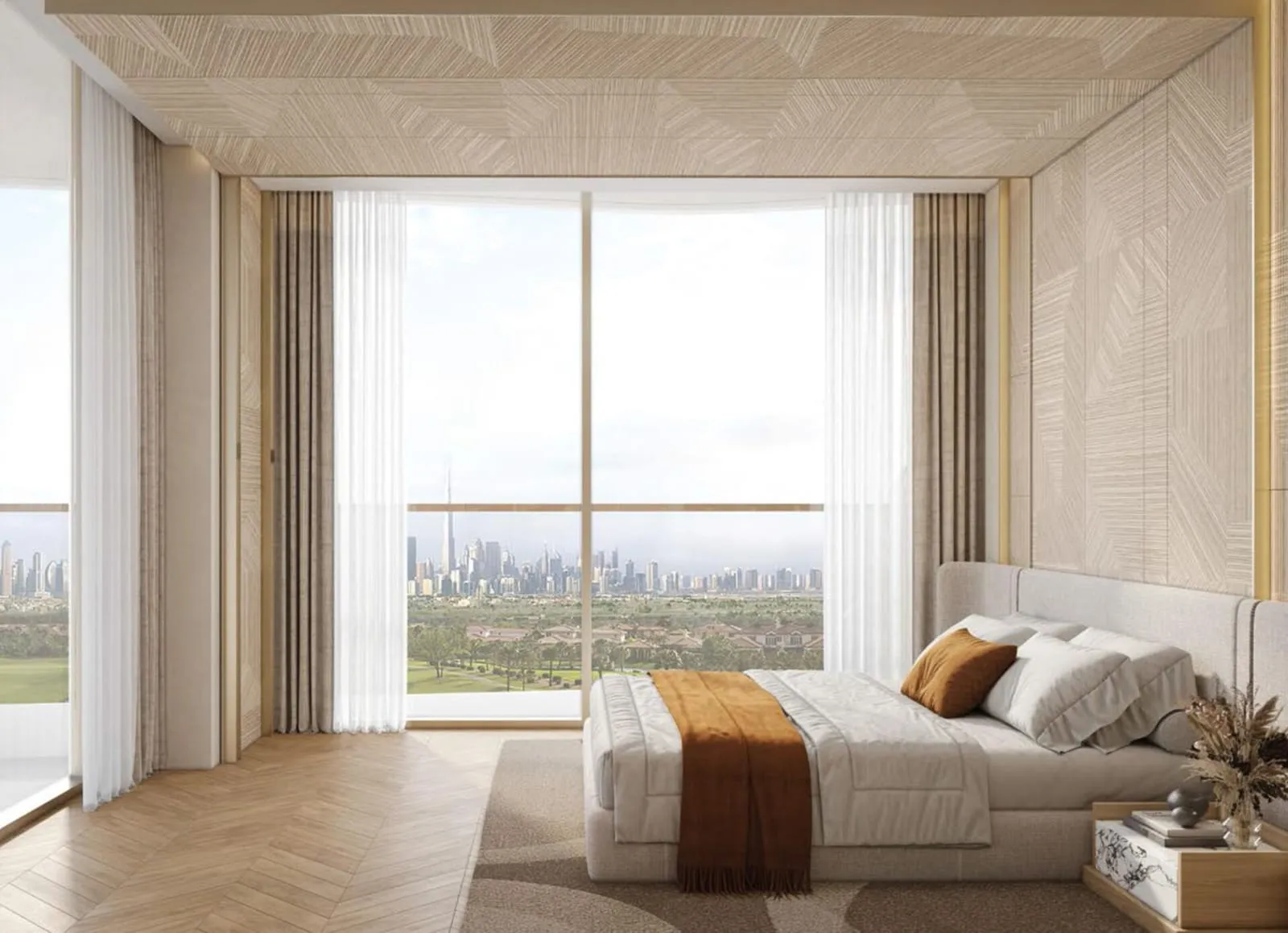 A bedroom opening onto full-height glass, sheer curtains drawn back over greens and a distant skyline