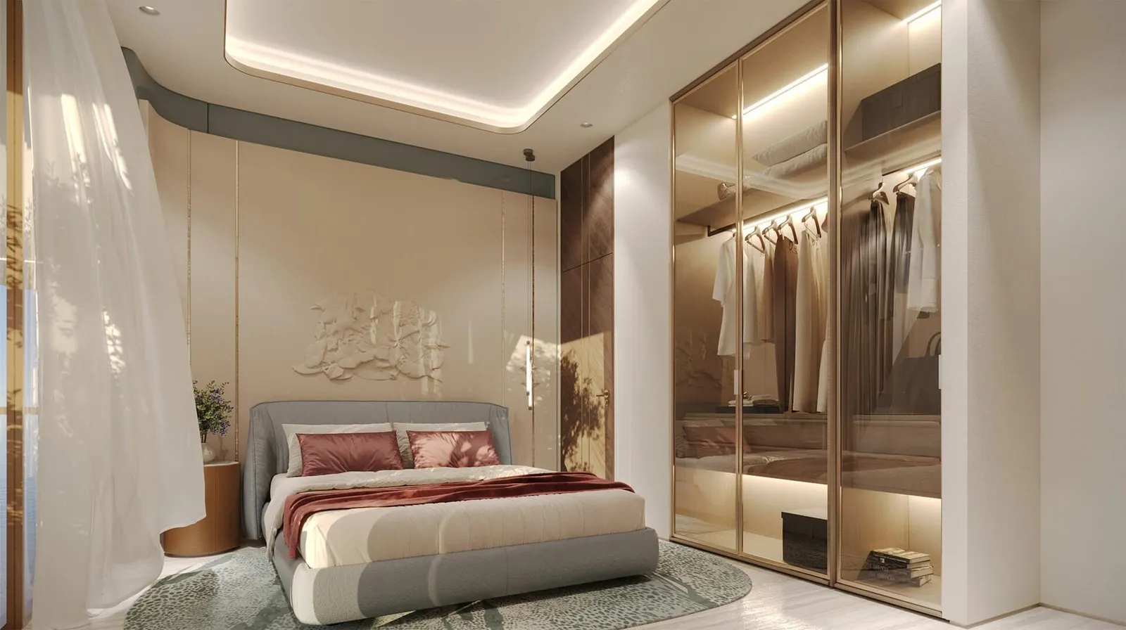 Bedroom suite opening onto a glass-fronted walk-in closet.