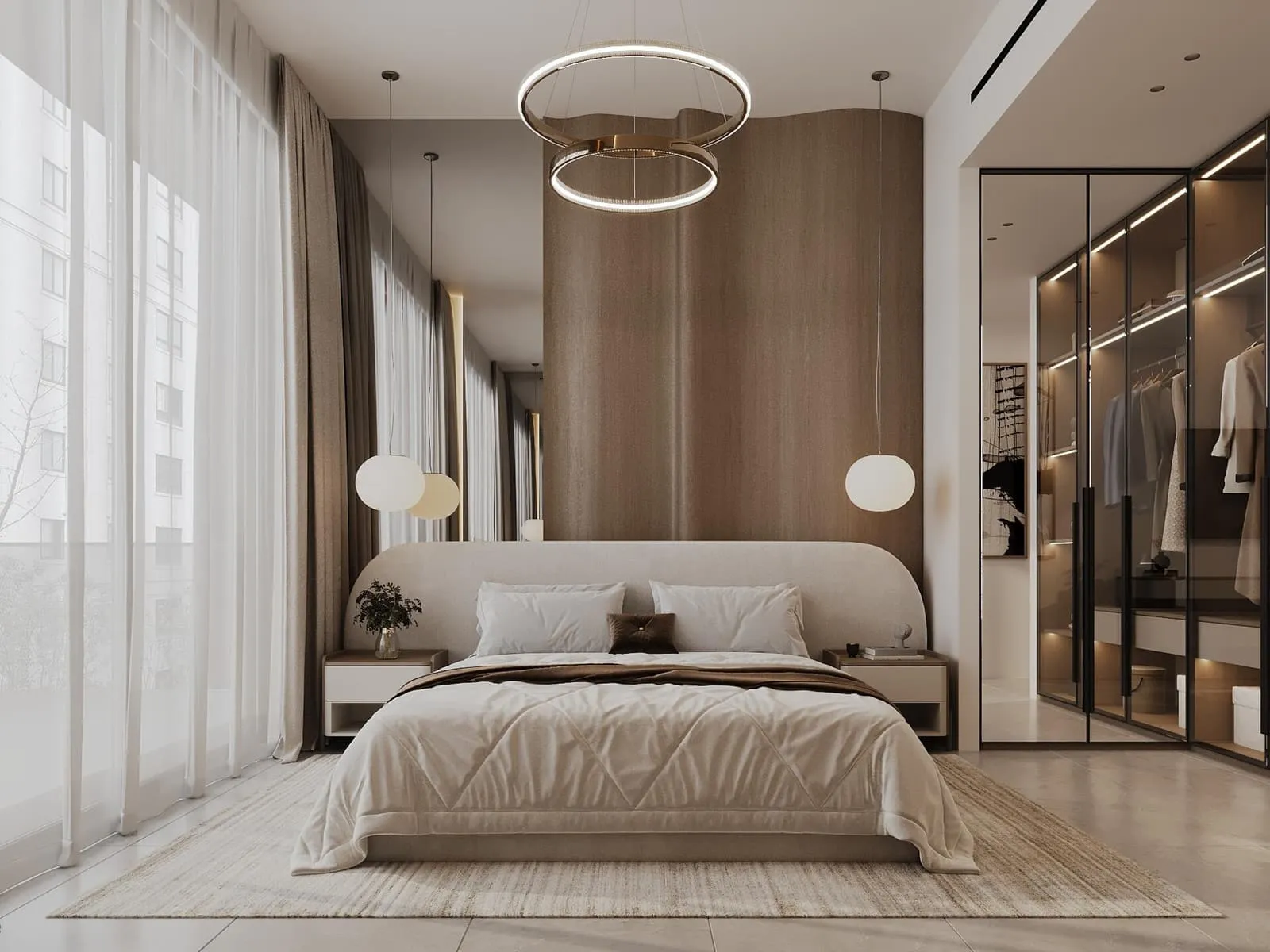 A bedroom with a mirrored wardrobe wall reflecting the bed and the window opposite