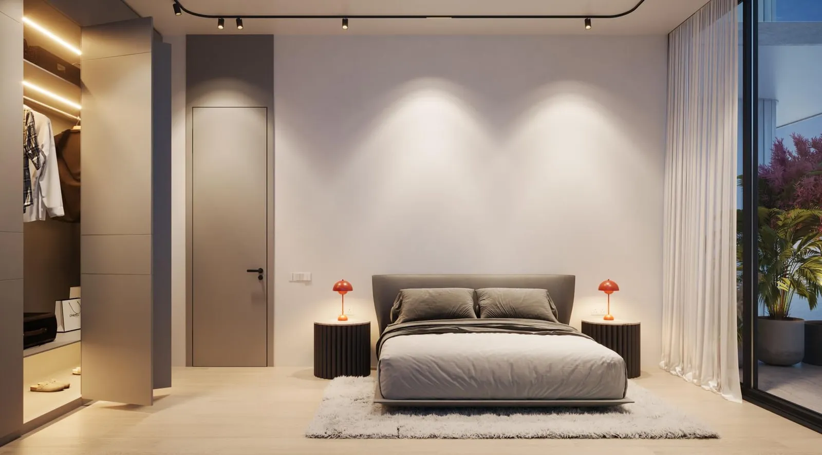 A bedroom with wall lights above the bed and a fitted wardrobe to one side