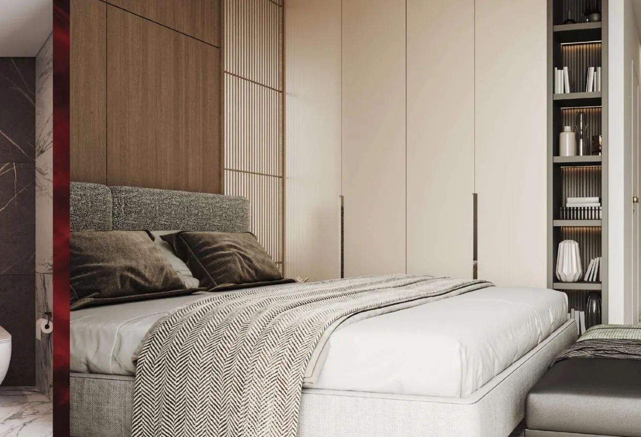 Render of a bedroom with built-in wardrobes and shelving