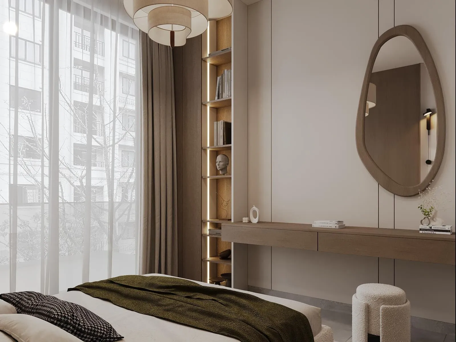 A bedroom beside a full height window, a slim desk under the glass and sheer curtains