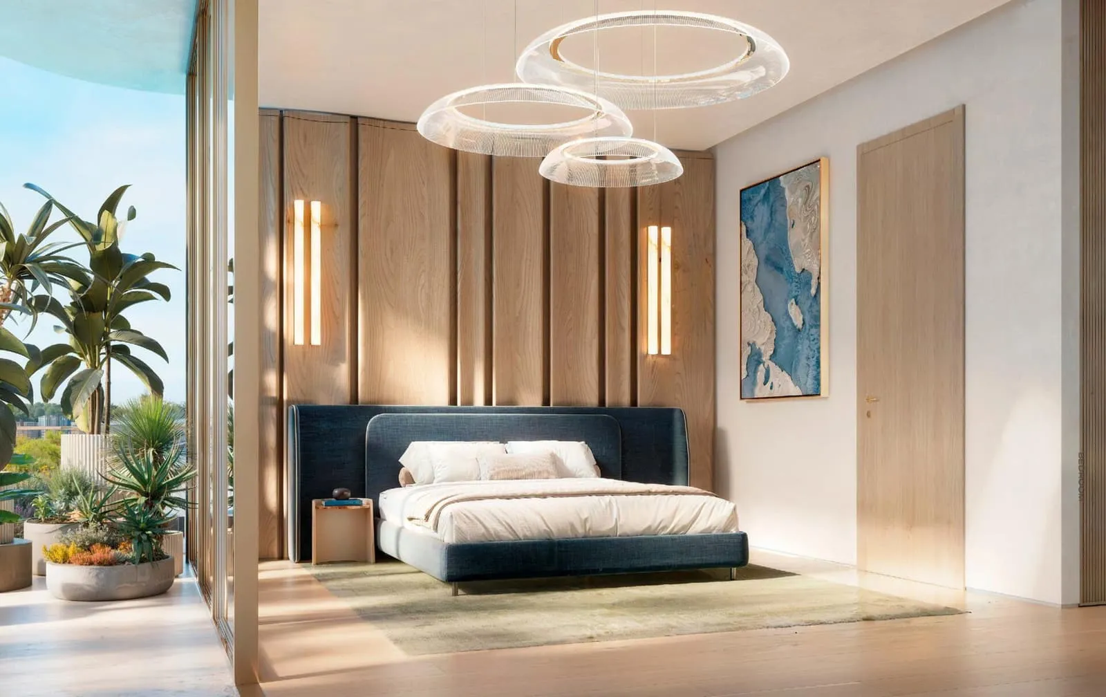 A bedroom with a fluted timber headboard wall, three ring pendants and a planted balcony beyond the glass