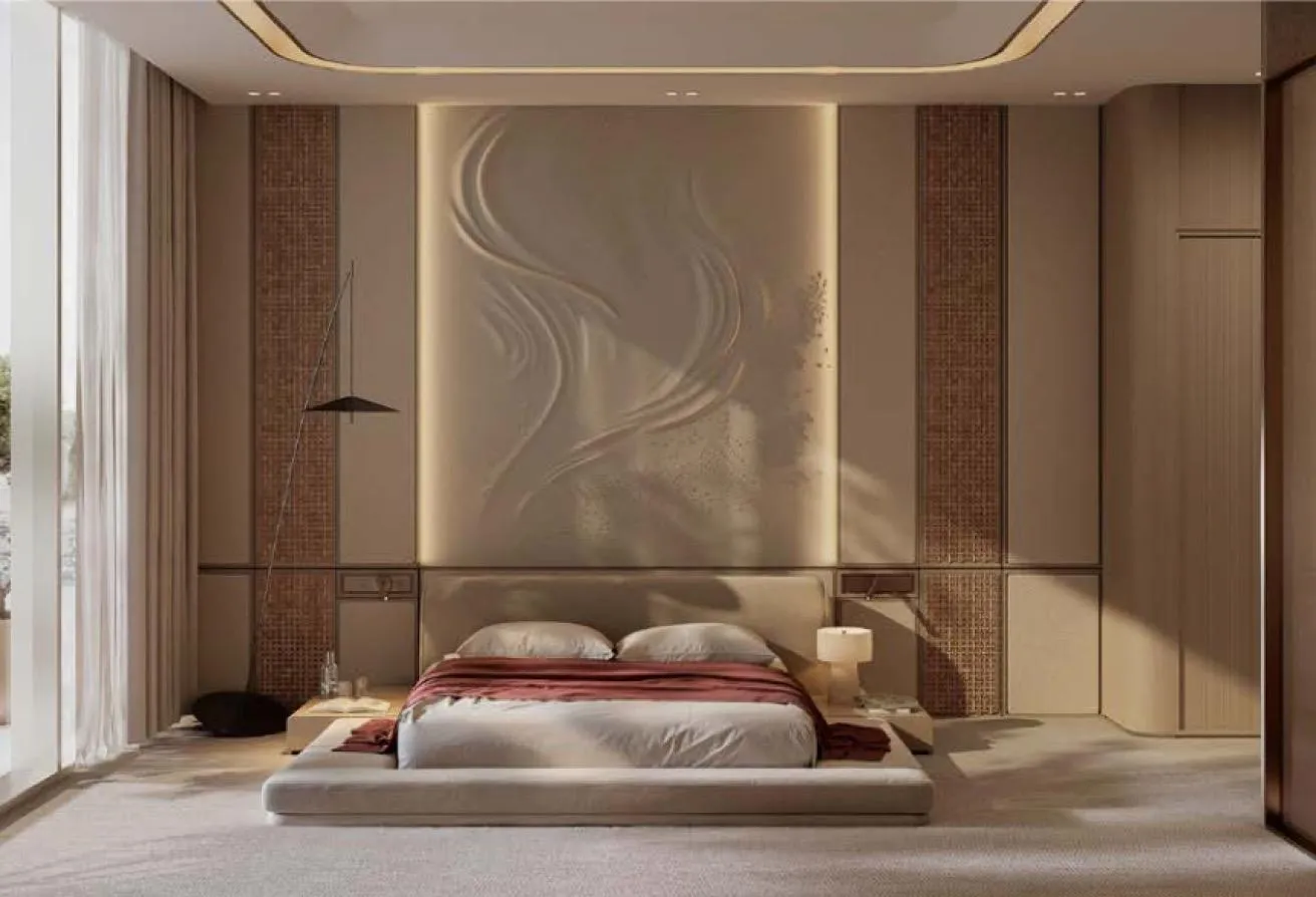Render of a bedroom with a low bed and a sculpted wall panel behind it