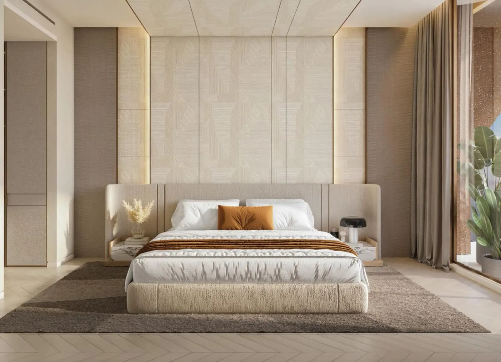 A bedroom with a carved panel headboard wall, floor-length curtains and a planted pot at the window