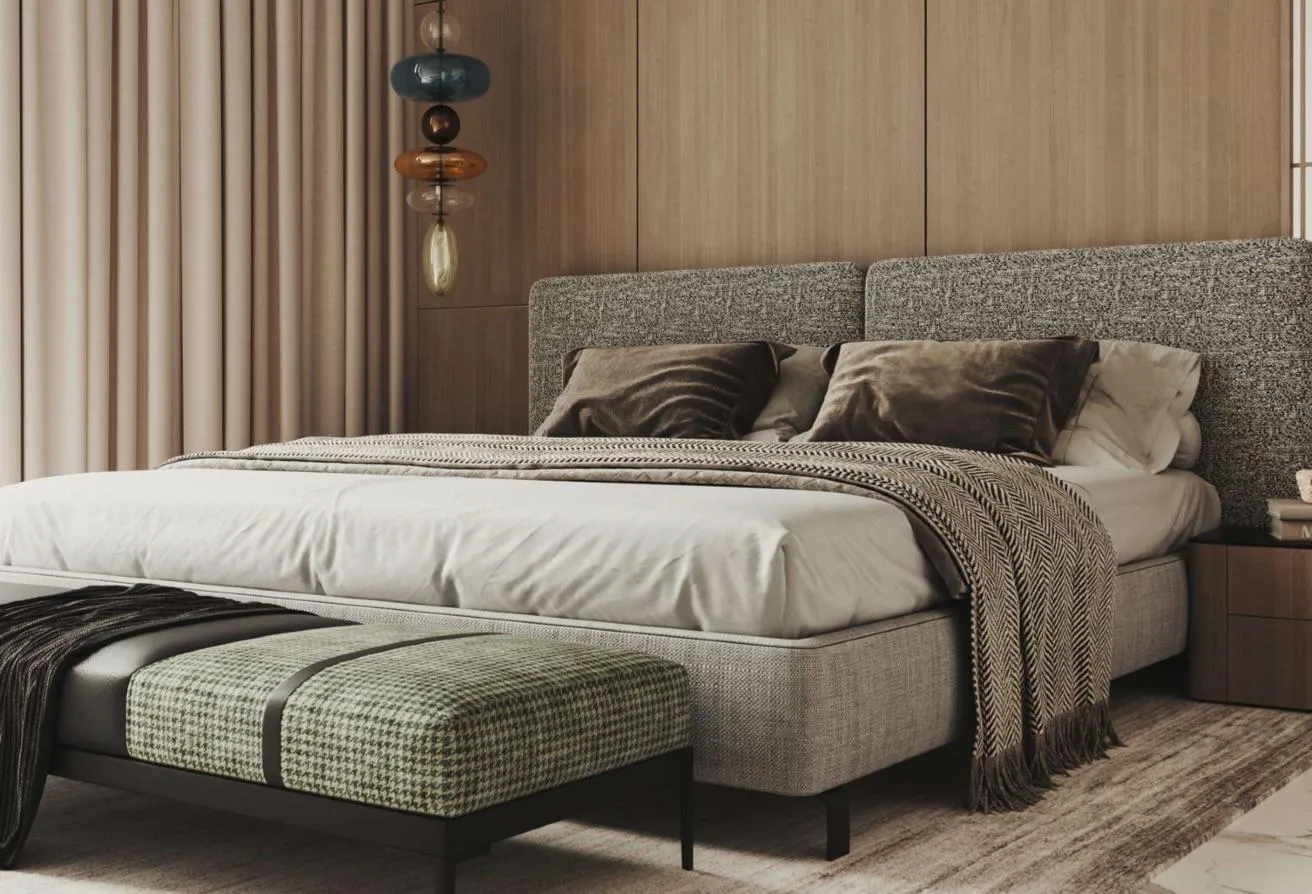 Render of a bedroom with an upholstered headboard and wood panelling