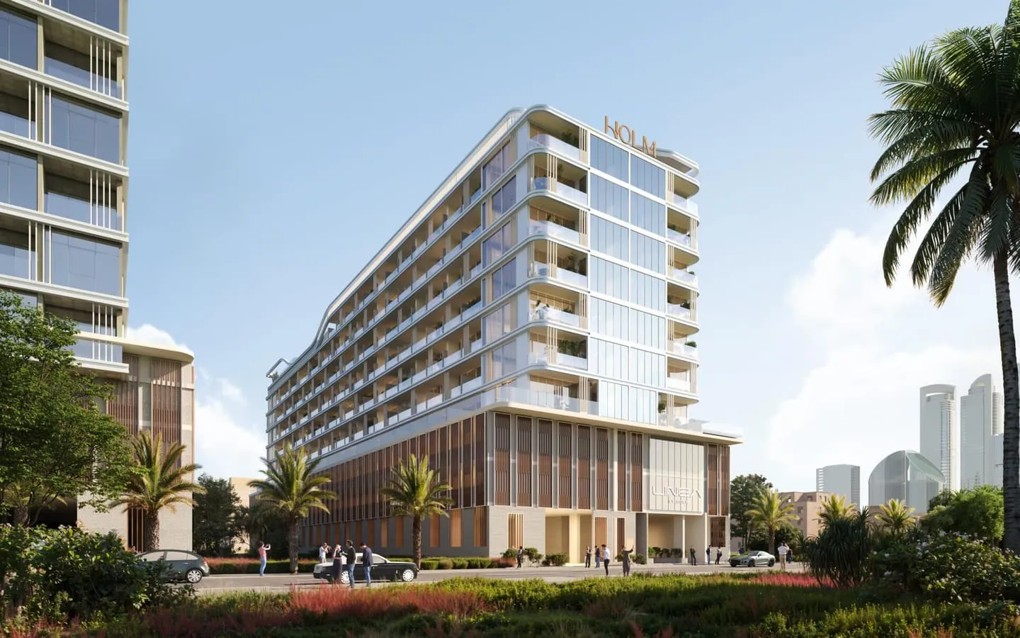 Linea by Holm's residential facade rising above landscaped gardens in Jumeirah Gardens, Dubai.