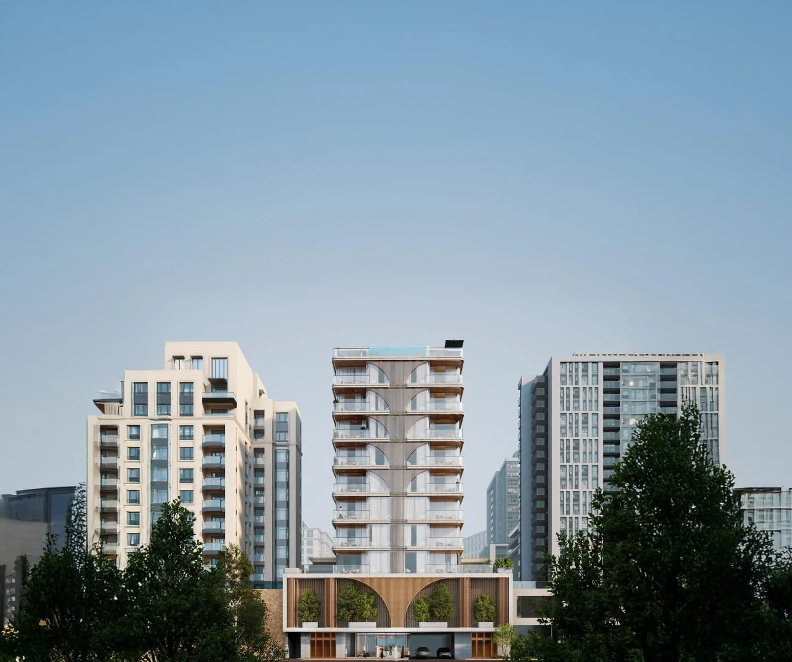 Whitestone Residence's low-rise facade rising above landscaped greenery under a clear daytime sky