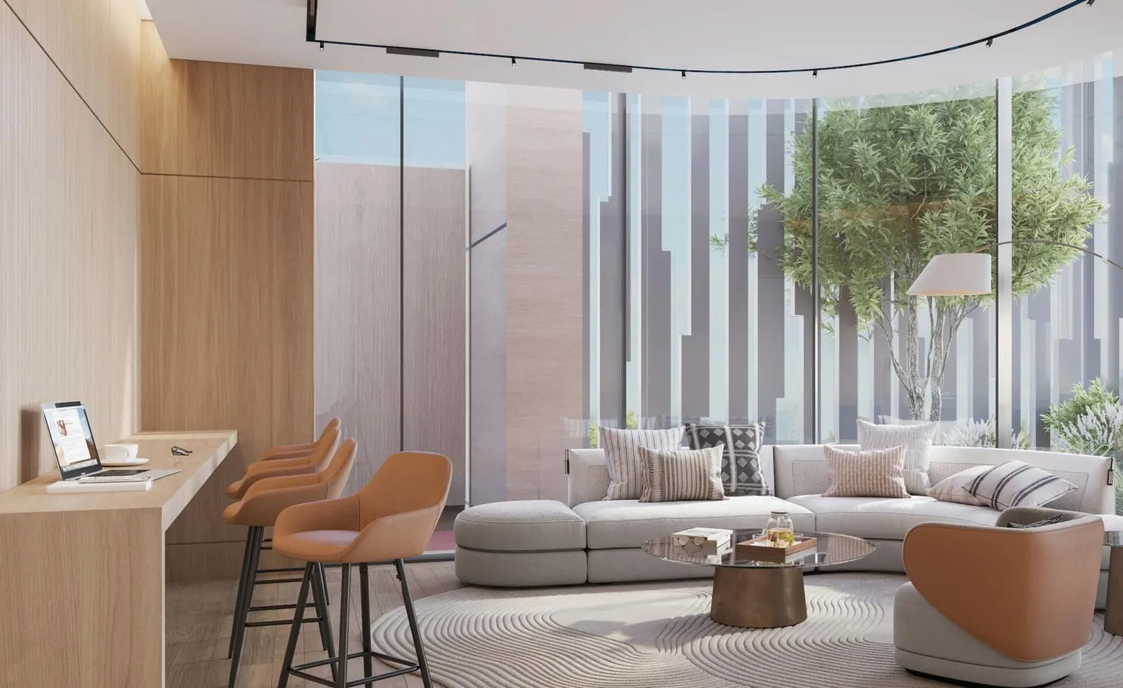 The business lounge, a high counter with stools facing soft seating between timber slat screens and planting