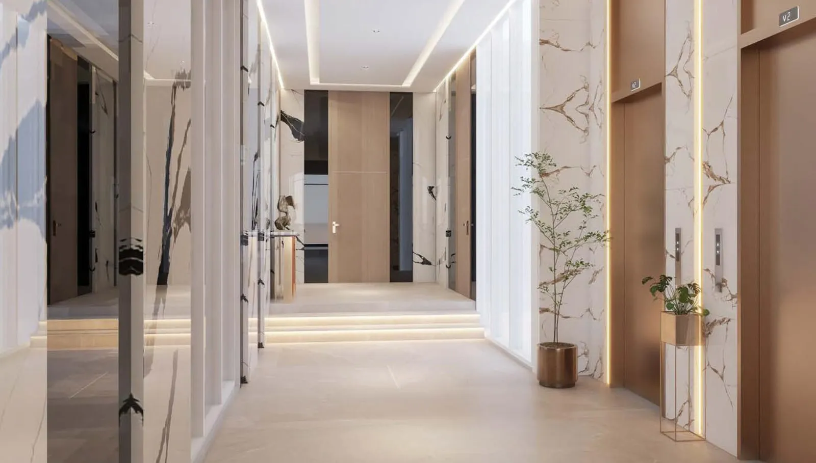 Marble-floored corridor leading to the residential units