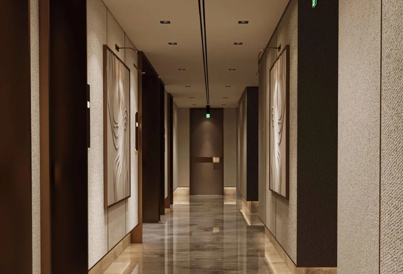 Render of a residential corridor with stone floors and recessed lighting