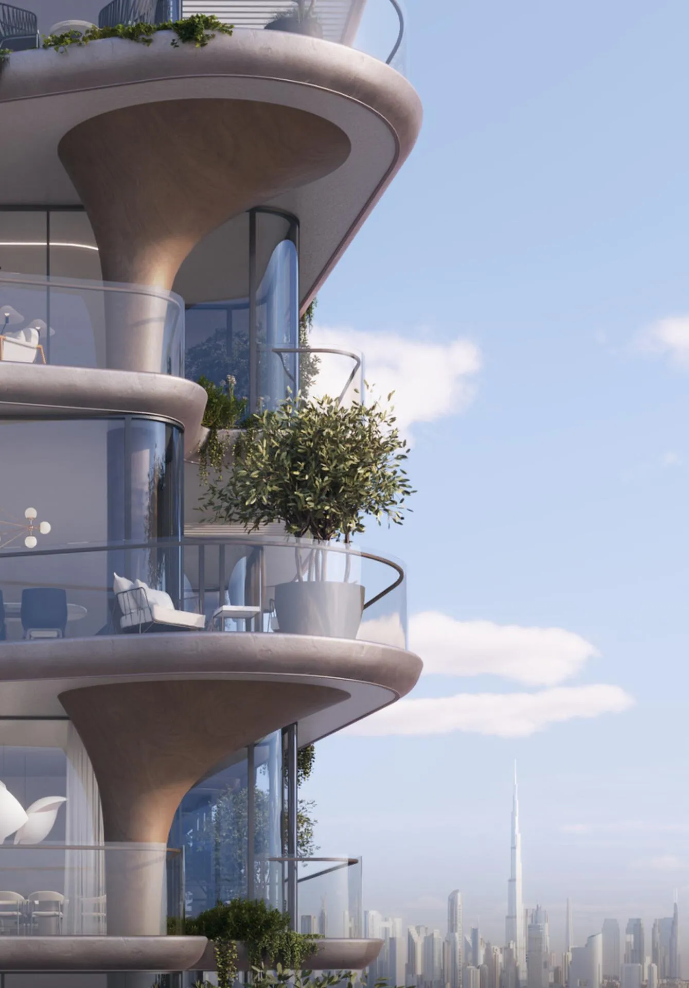 Sculptural curved balconies framing a distant view of the Dubai skyline.