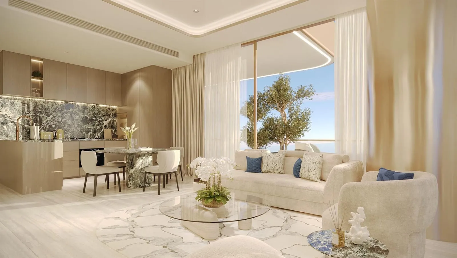 Dining area set beside a window overlooking the waterfront.