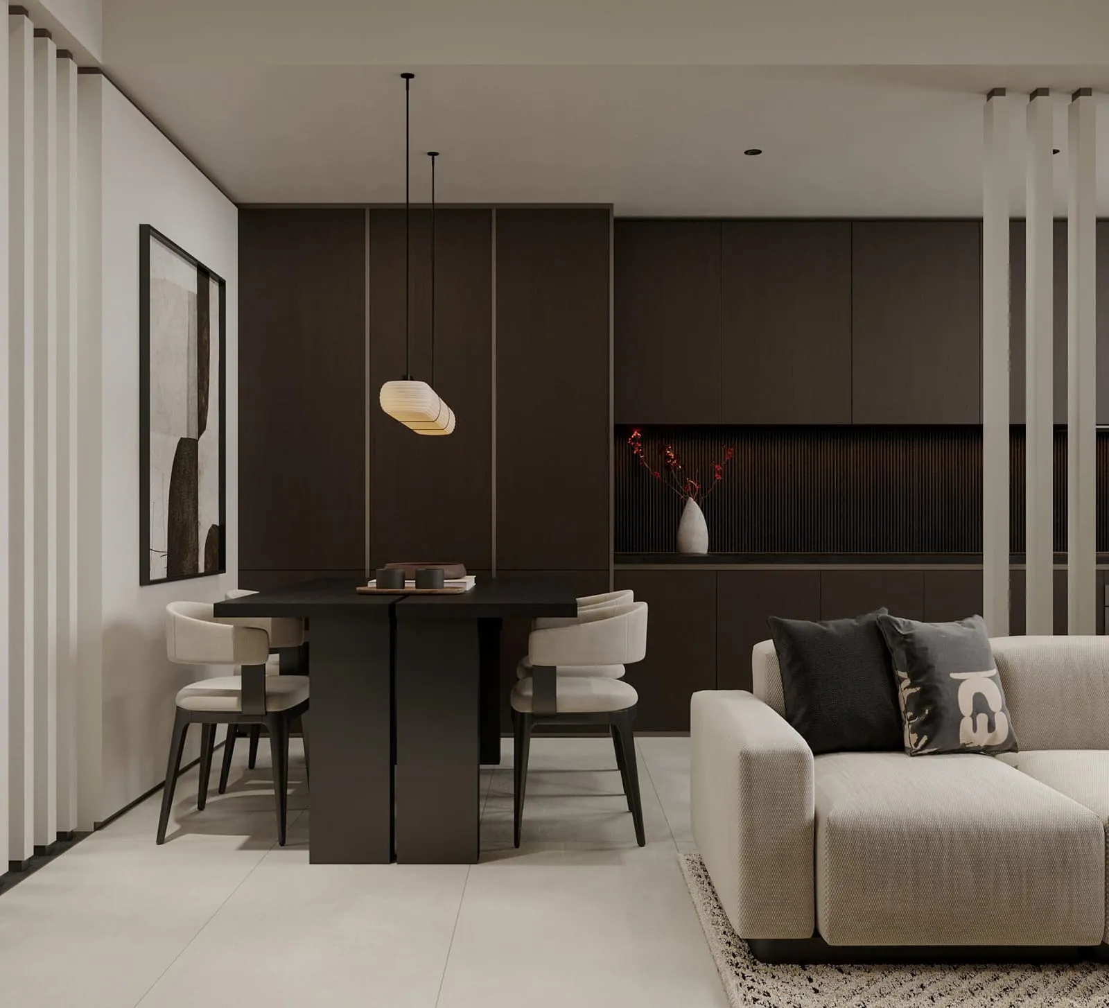 A dining nook beside the kitchen, with built-in cabinetry and a round mirror