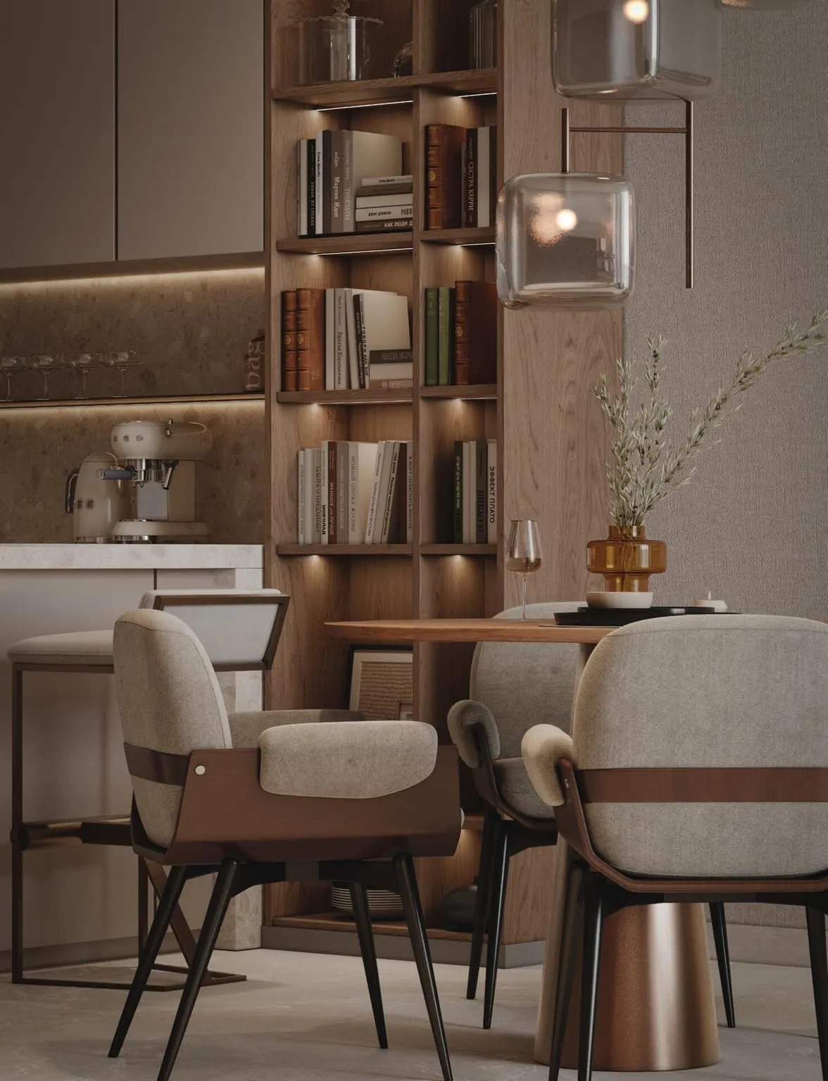 A round dining table against a lit bookcase, the kitchen counter behind it
