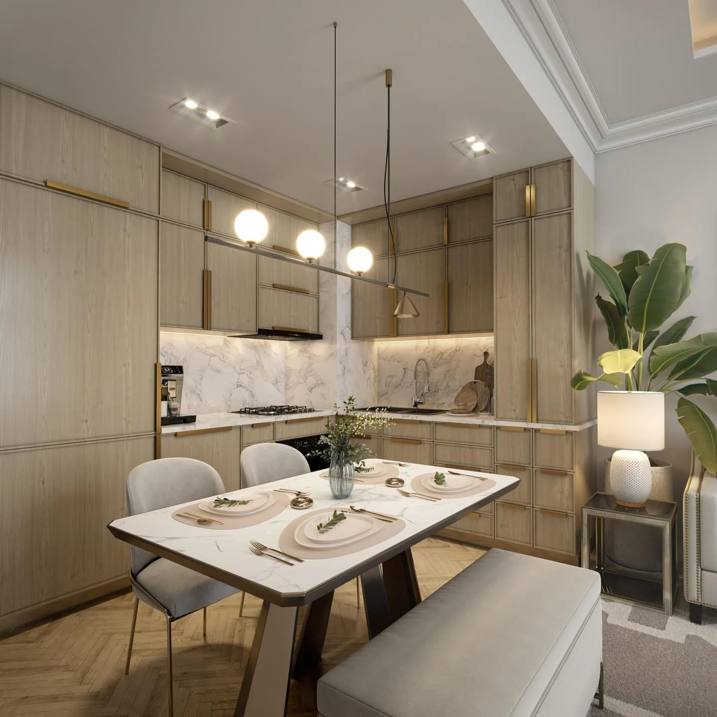 A Taormina Village dining room lit by a pendant, with the marble kitchen behind it