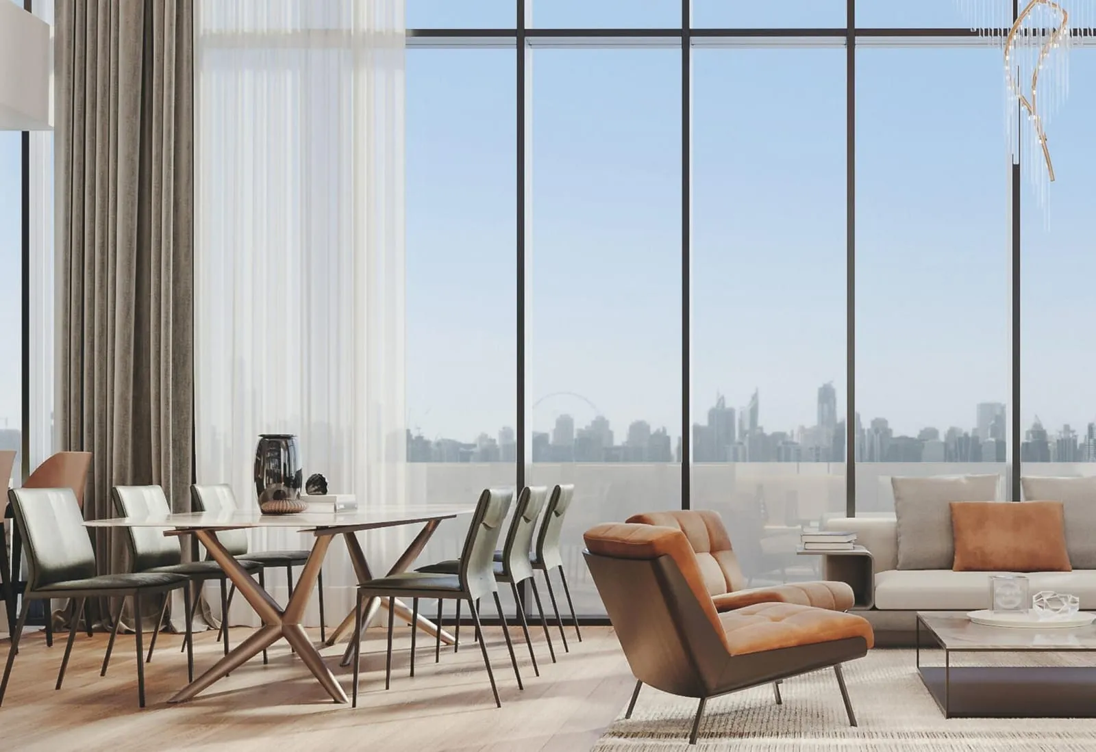 Dining and seating beside a wall of glass, a round marble table and sheer curtains drawn back