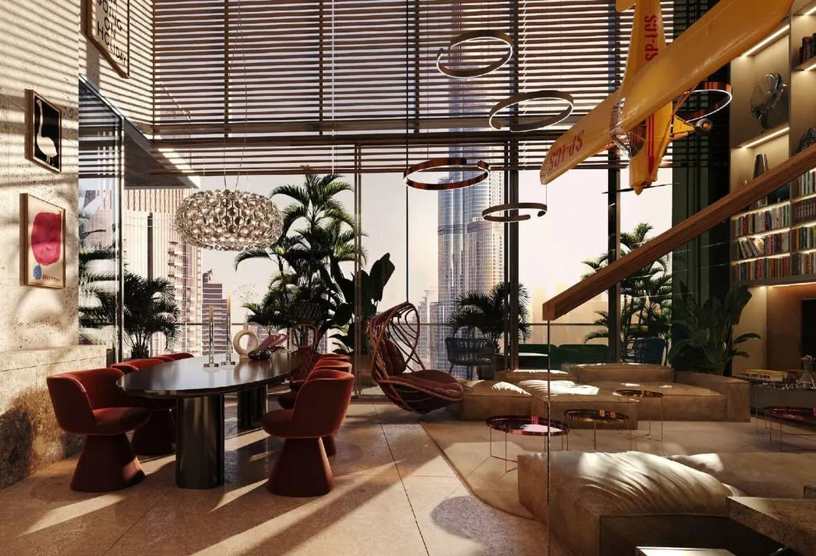 Render of a double-height room with a long dining table, a hanging chair and a model plane