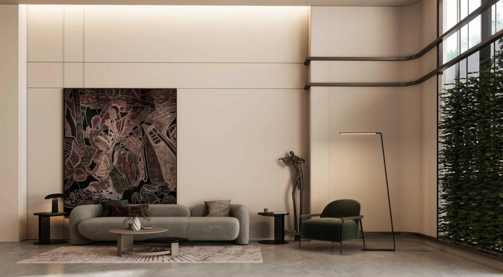 A double-height lounge with a large dark artwork, a curved sofa and tall plants at the window