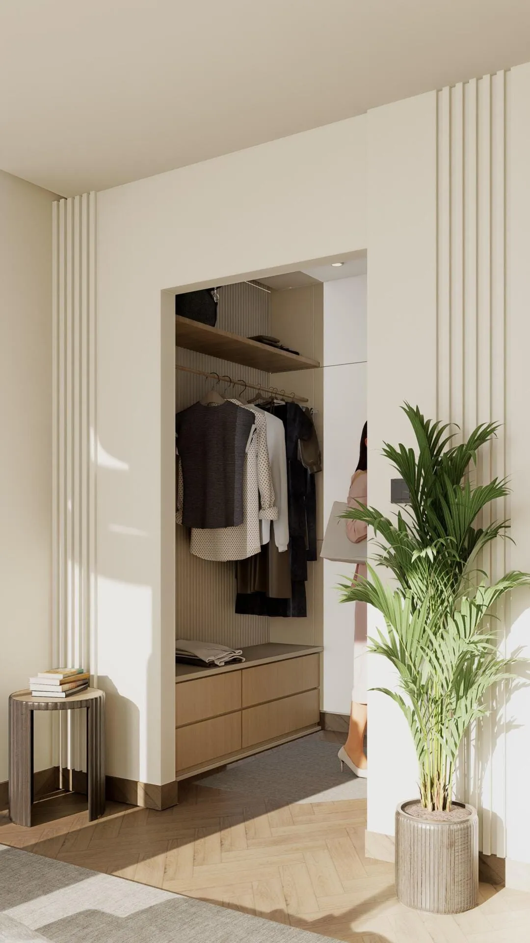 A dressing nook with a mirror, bench seat, and hanging rail beside a potted plant