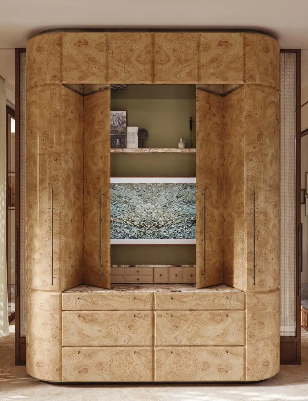 A curved drinks cabinet in burl veneer, its doors open on shelving and a stone-lined recess
