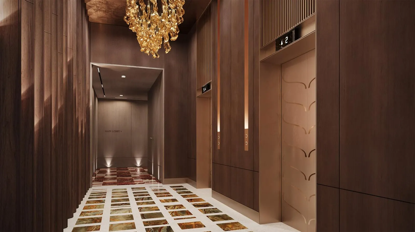 Elevator lobby finished with warm gold accents and patterned flooring.