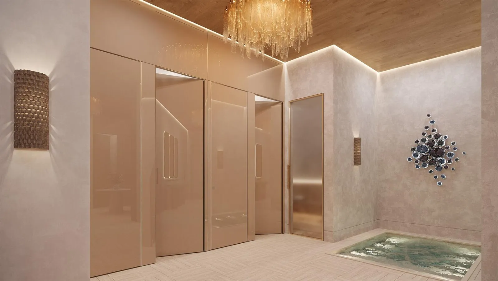 Elevator lobby featuring a still reflecting pool set into the floor.