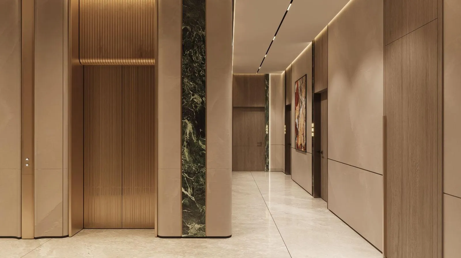 An elevator lobby with gold-finished doors set into wood panelled walls