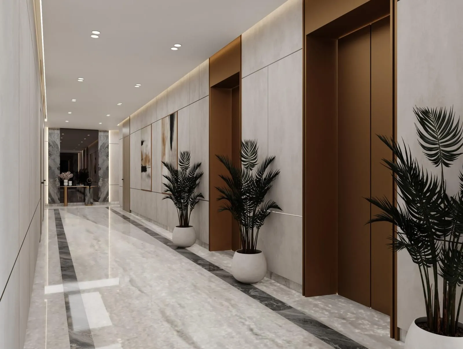 Elevator lobby with marble flooring and wood-panelled doors