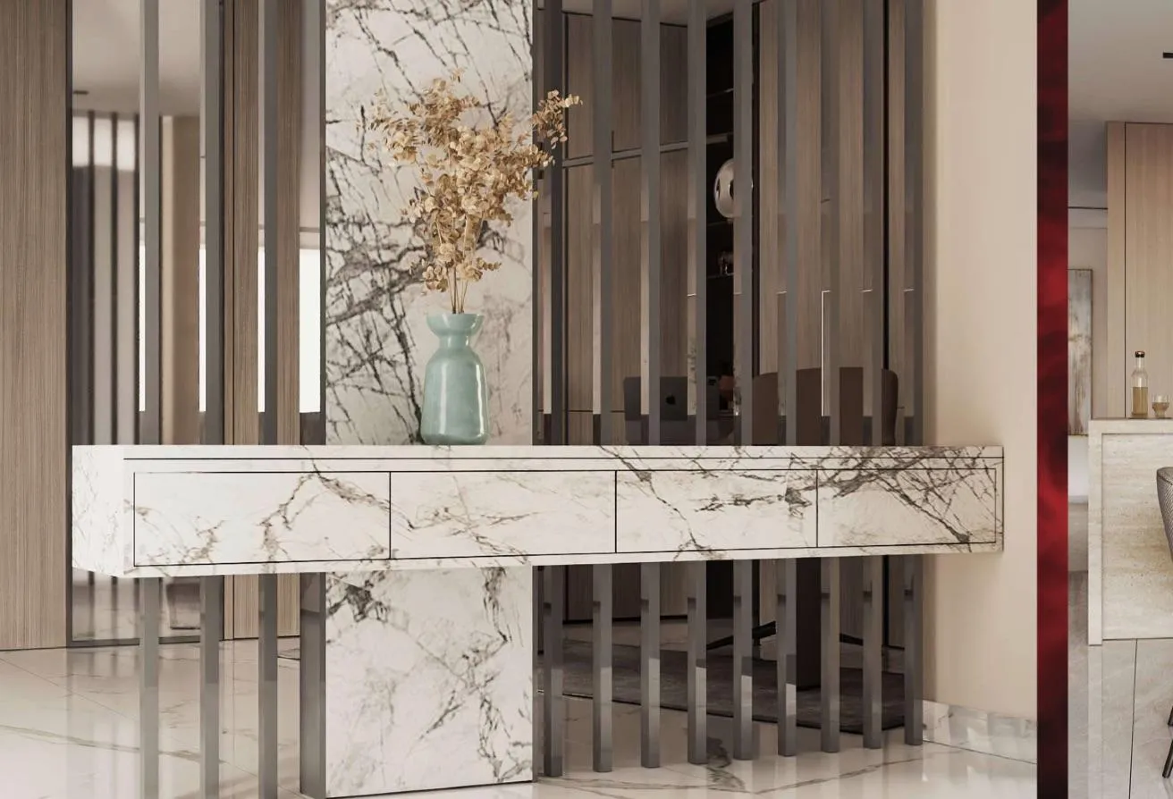 Render of an entrance with a marble console and slatted screens