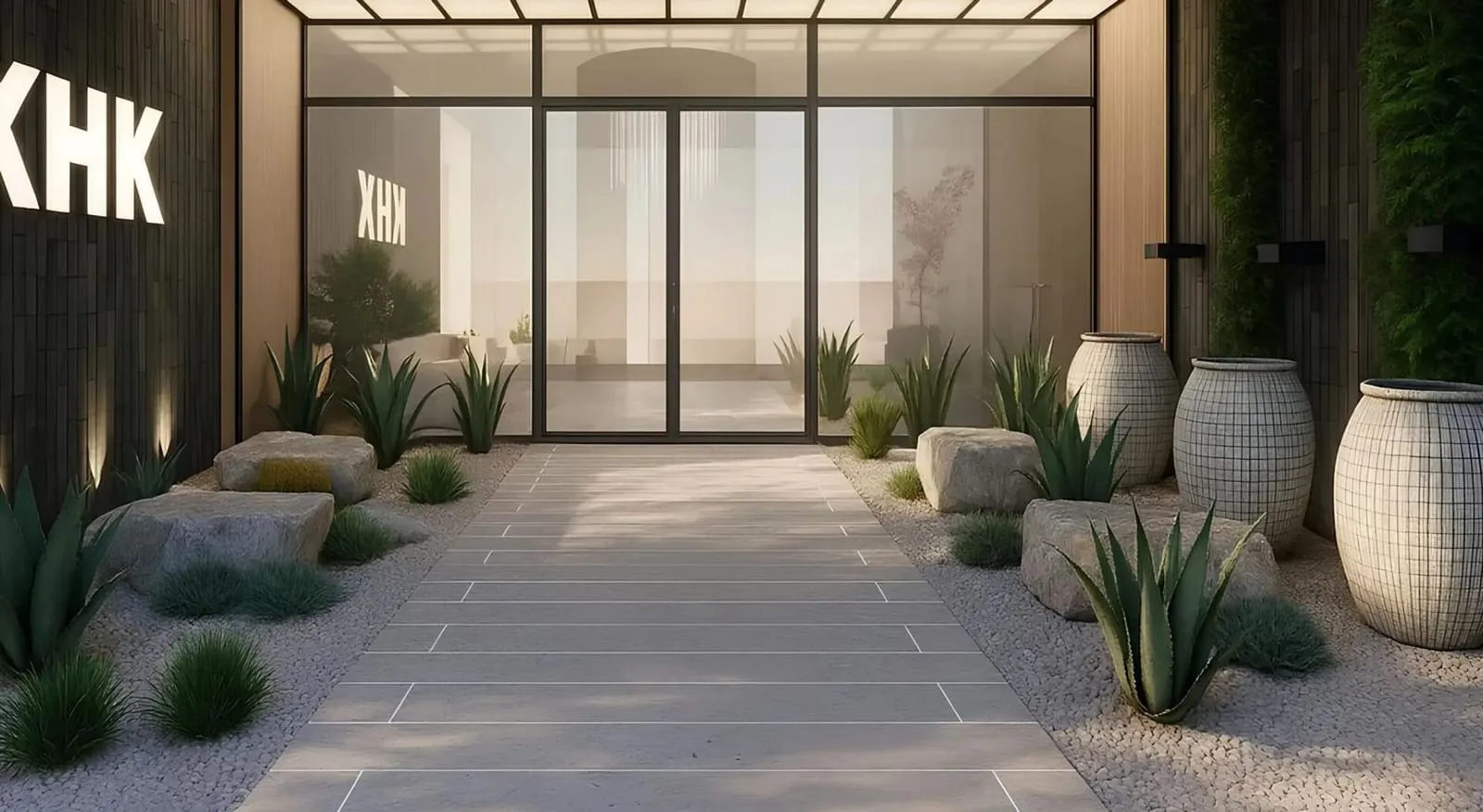 The entrance walkway, KHK lettering on the flanking wall and a gravel bed of agaves and boulders beside large ceramic pots